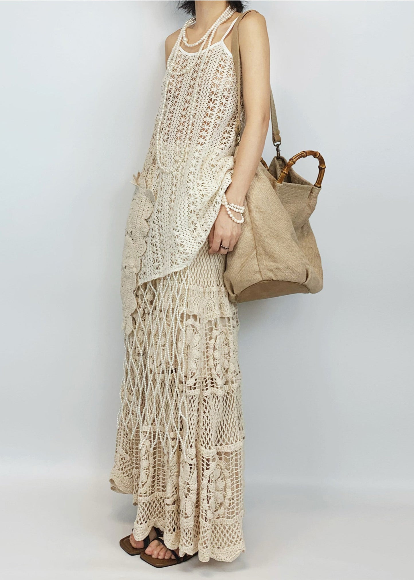 Boho Beige Hollow Out Asymmetrical Design Knit Two-Piece Set Summer
