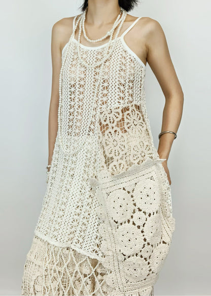Boho Beige Hollow Out Asymmetrical Design Knit Two-Piece Set Summer