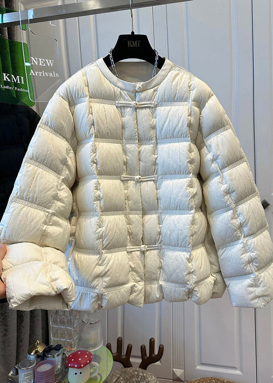 Boho Beige Oversized Chinese Button Duck Down Down Coats Winter