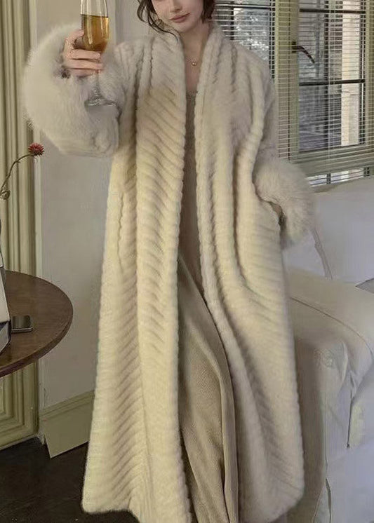 Boho Beige Oversized Faux Mink Hair Trench Coats Winter