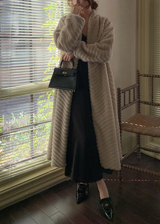 Boho Beige Oversized Faux Mink Hair Trench Coats Winter