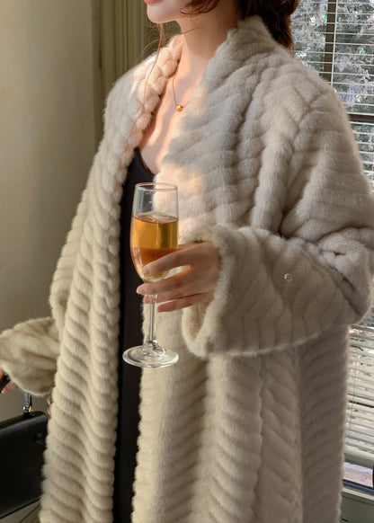 Boho Beige Oversized Faux Mink Hair Trench Coats Winter