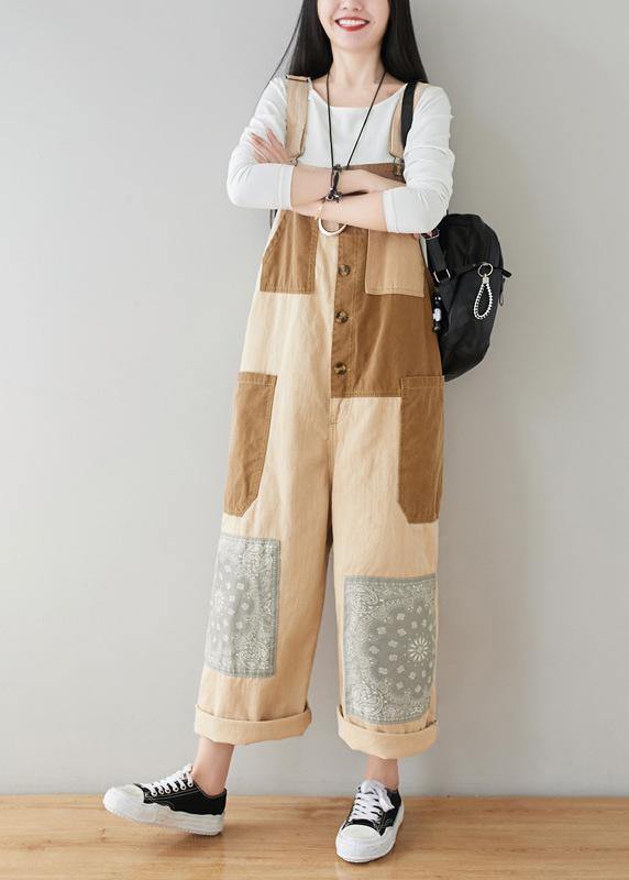 Boho Beige Patchwork Jeans Jumpsuit - SooLinen