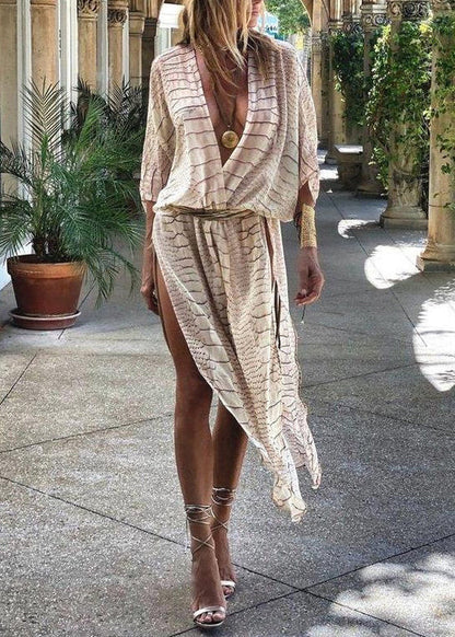Boho Beige Striped Side Open Cotton UPF 50+ Cardigans Summer
