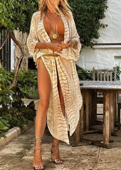 Boho Beige Striped Side Open Cotton UPF 50+ Cardigans Summer