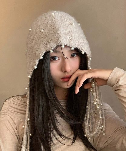 Boho Beige Tassel Nail Bead Knit Bonnie Hat