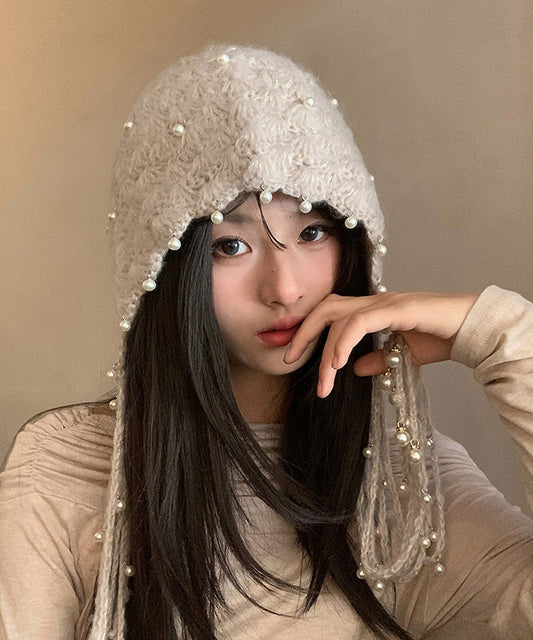 Boho Beige Tassel Nail Bead Knit Bonnie Hat