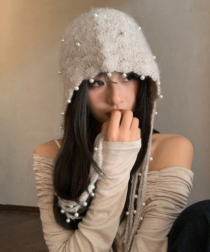 Boho Beige Tassel Nail Bead Knit Bonnie Hat