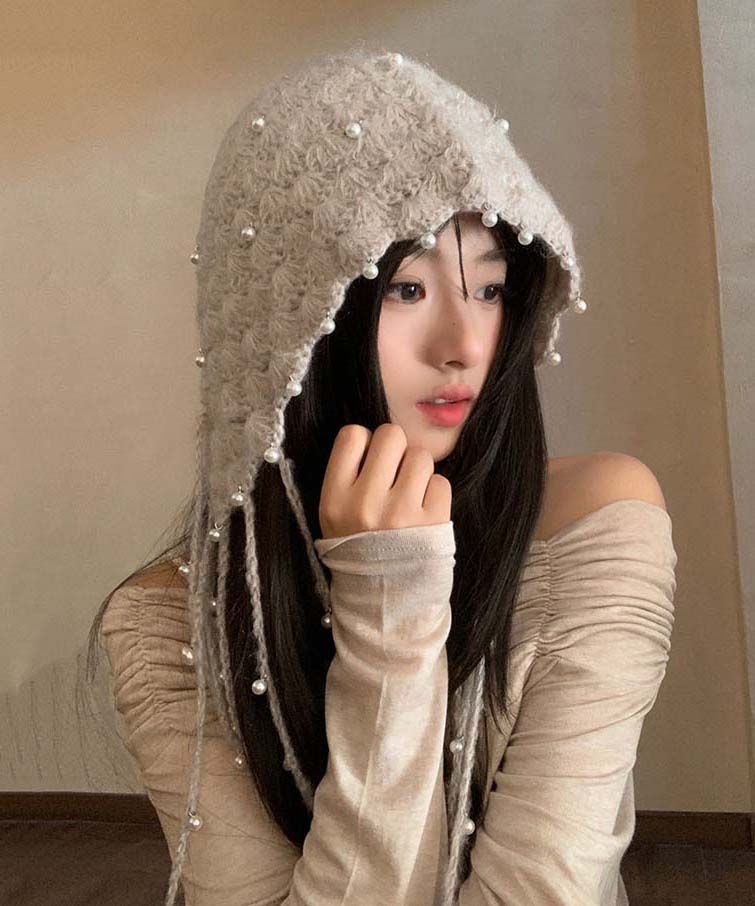 Boho Beige Tassel Nail Bead Knit Bonnie Hat