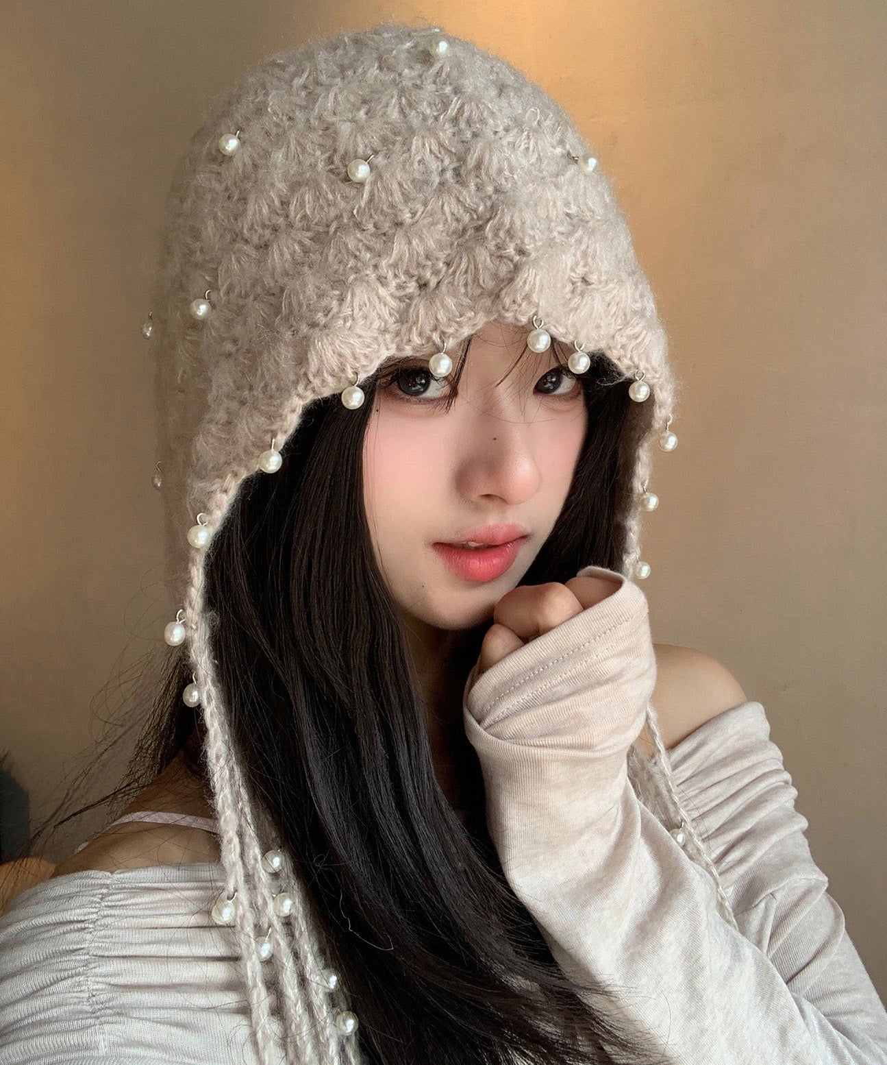 Boho Beige Tassel Nail Bead Knit Bonnie Hat