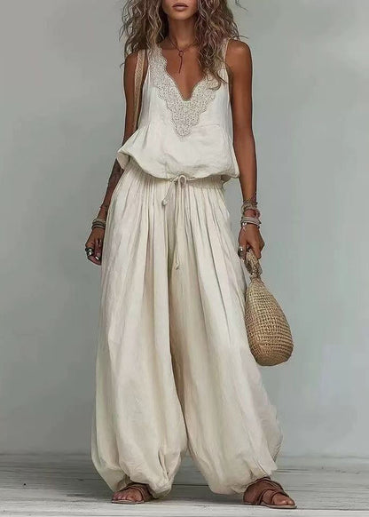 Boho Beige V Neck Drawstring Cotton Women Sets 2 Pieces Sleeveless