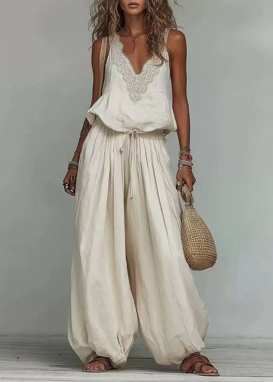 Boho Beige V Neck Drawstring Cotton Women Sets 2 Pieces Sleeveless