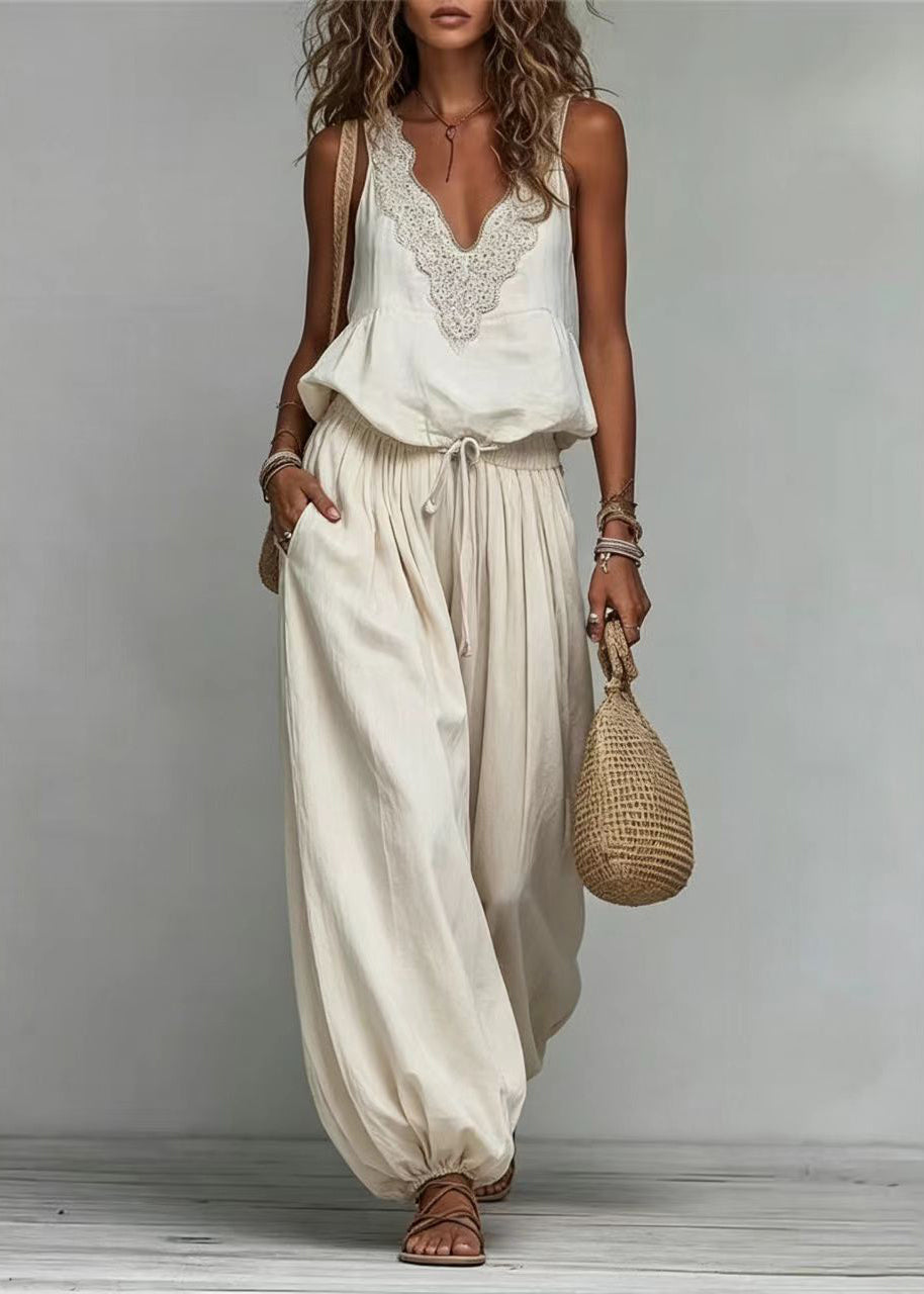 Boho Beige V Neck Drawstring Cotton Women Sets 2 Pieces Sleeveless