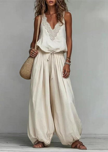 Boho Beige V Neck Drawstring Cotton Women Sets 2 Pieces Sleeveless