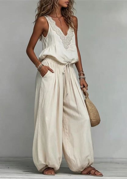 Boho Beige V Neck Drawstring Cotton Women Sets 2 Pieces Sleeveless