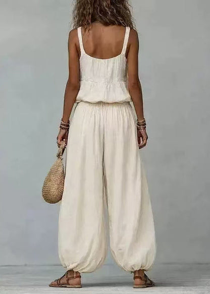 Boho Beige V Neck Drawstring Cotton Women Sets 2 Pieces Sleeveless