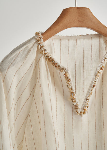 Boho Beige Zweiteiler mit V-Ausschnitt und Streifen – Frühlingsoutfits