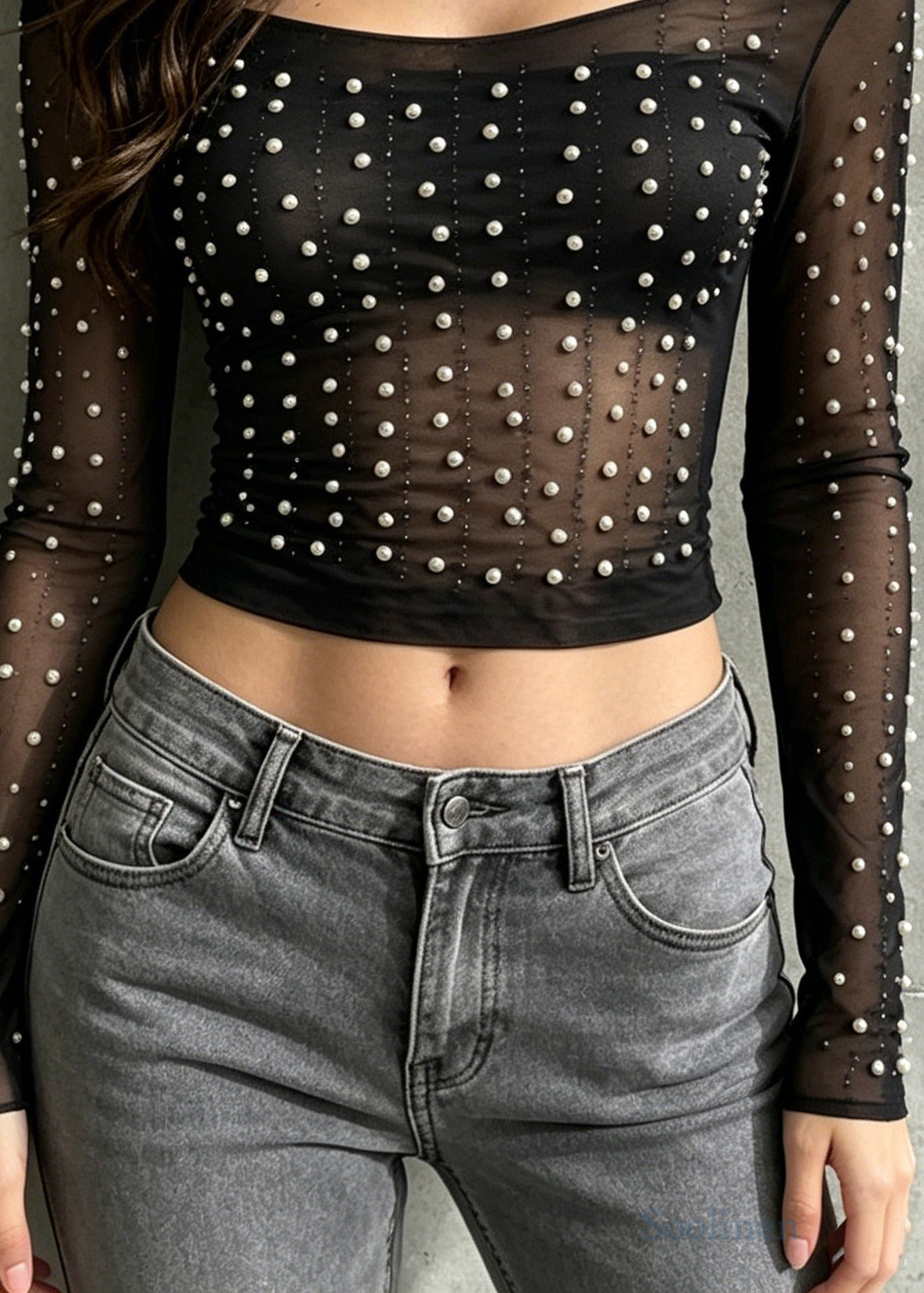 Boho Black Cold Shoulder Pearl Tulle Shirts Summer