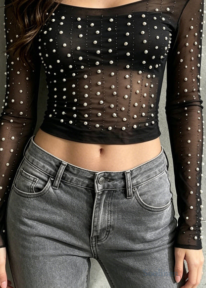Boho Black Cold Shoulder Pearl Tulle Shirts Summer