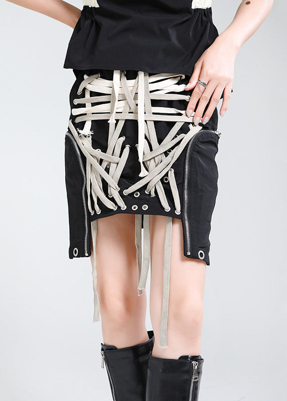 Boho Schwarze elastische Taille Kordelzugtaschen Asymmetrisches Design Herbströcke