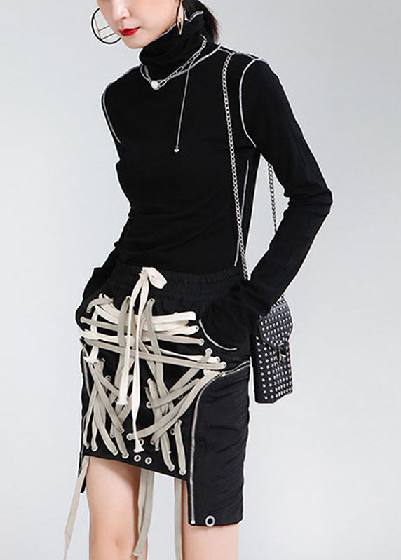 Boho Schwarze elastische Taille Kordelzugtaschen Asymmetrisches Design Herbströcke