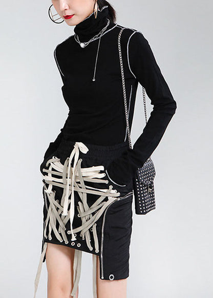 Boho Schwarze elastische Taille Kordelzugtaschen Asymmetrisches Design Herbströcke