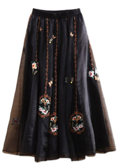 Boho Schwarz Elastische Taille Bestickte Tüll Maxi Röcke Sommer