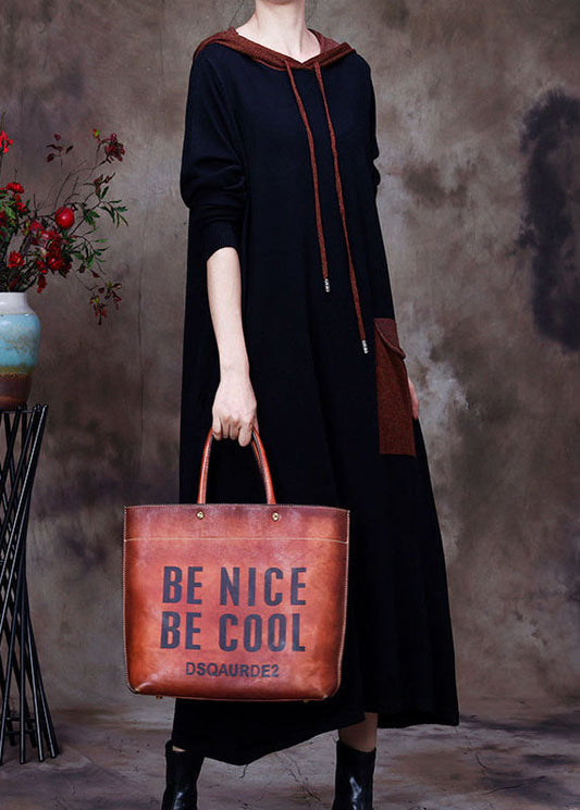 Boho Schwarzes Wollpulloverkleid mit Kapuze Winter