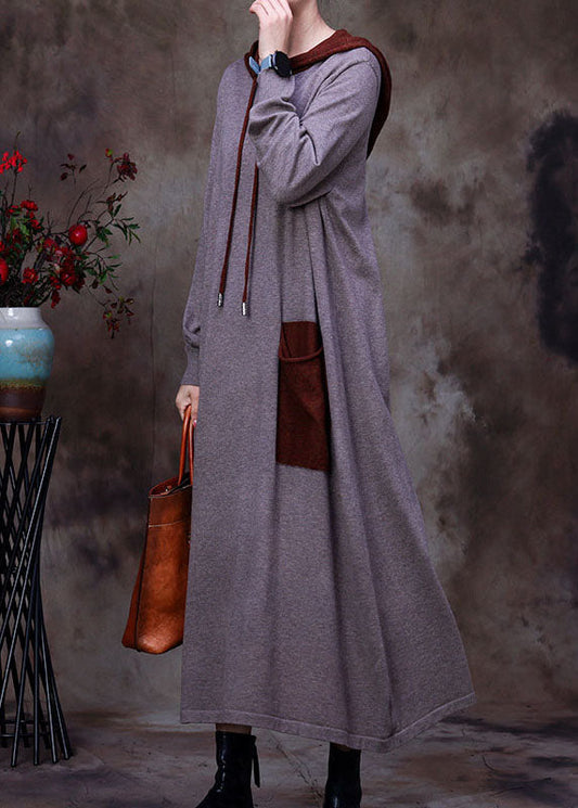 Boho Schwarzes Wollpulloverkleid mit Kapuze Winter