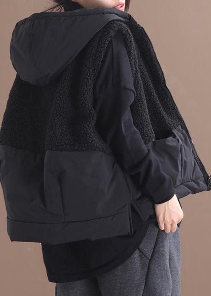 Boho Schwarze Kapuzen-Reißverschlusstaschen Patchwork-Winterweste
