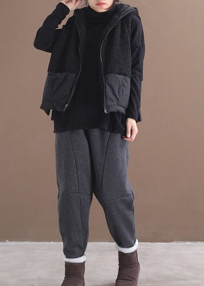 Boho Schwarze Kapuzen-Reißverschlusstaschen Patchwork-Winterweste