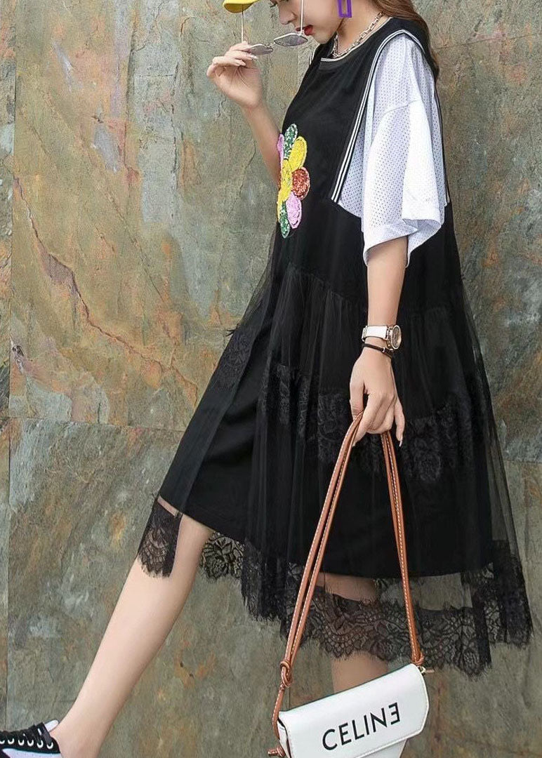 Boho Schwarz Nagelperlen Print Asymmetrisches Design Patchwork Herbst Mittelkleid Halbarm