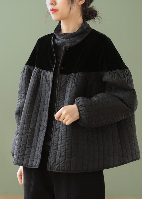 Boho Schwarz O-Ausschnitt Knopf Patchwork Winterjacken Langarm