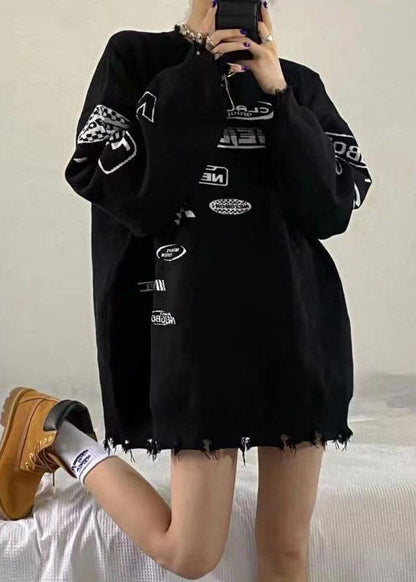 Boho Schwarzer O-Ausschnitt Grafik Lose Herbst Strickpullover