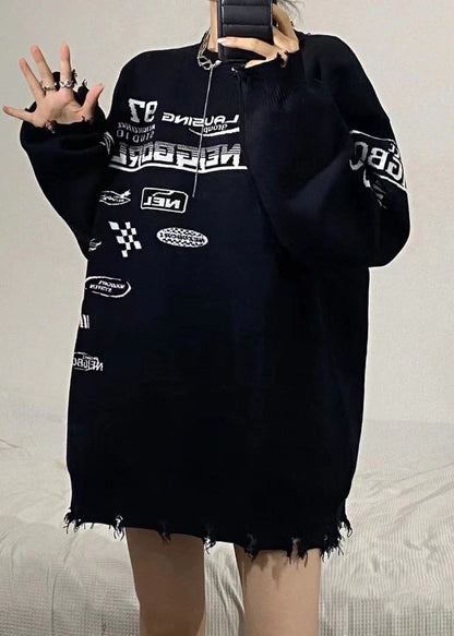 Boho Schwarzer O-Ausschnitt Grafik Lose Herbst Strickpullover