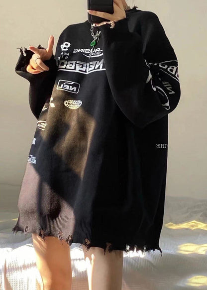 Boho Schwarzer O-Ausschnitt Grafik Lose Herbst Strickpullover