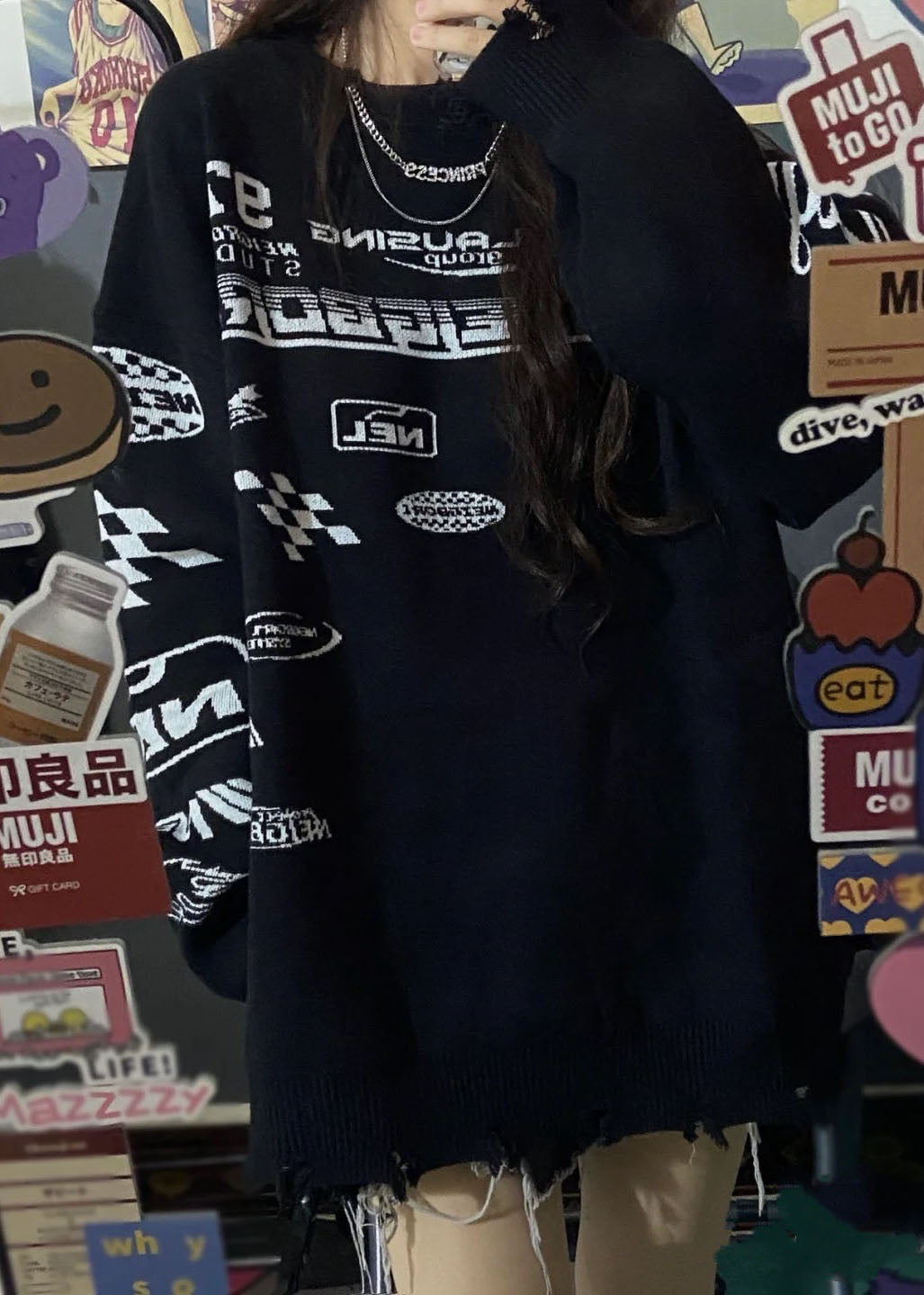 Boho Schwarzer O-Ausschnitt Grafik Lose Herbst Strickpullover