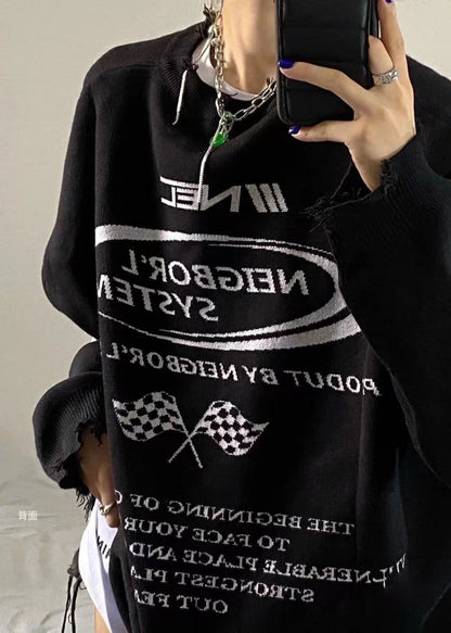 Boho Schwarzer O-Ausschnitt Grafik Lose Herbst Strickpullover