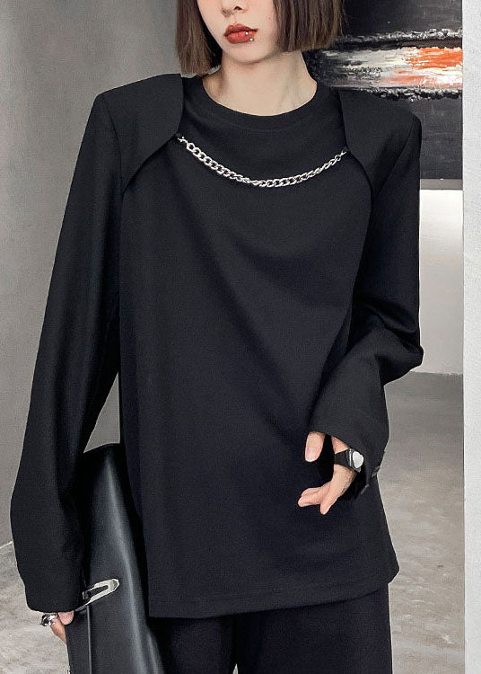 Boho Schwarzes O-Ausschnitt Lockeres Lässiges Langarm-Oberteil für den Herbst