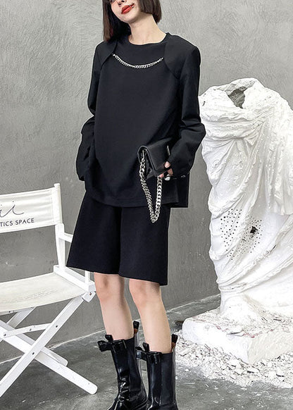 Boho Schwarzes O-Ausschnitt Lockeres Lässiges Langarm-Oberteil für den Herbst