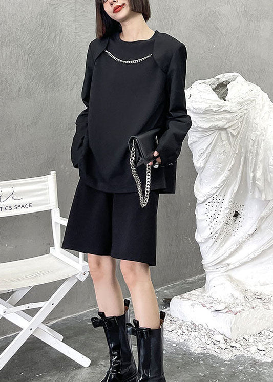 Boho Schwarzes O-Ausschnitt Lockeres Lässiges Langarm-Oberteil für den Herbst