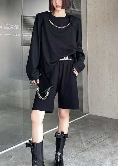 Boho Schwarzes O-Ausschnitt Lockeres Lässiges Langarm-Oberteil für den Herbst