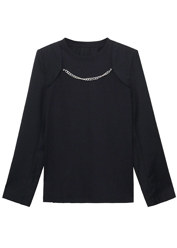 Boho Schwarzes O-Ausschnitt Lockeres Lässiges Langarm-Oberteil für den Herbst