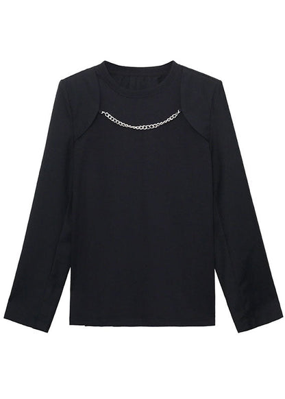 Boho Schwarzes O-Ausschnitt Lockeres Lässiges Langarm-Oberteil für den Herbst