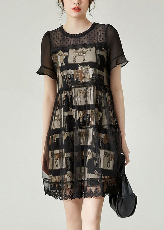 Boho Schwarz O-Ausschnitt Patchwork Tüll Midikleid Sommer