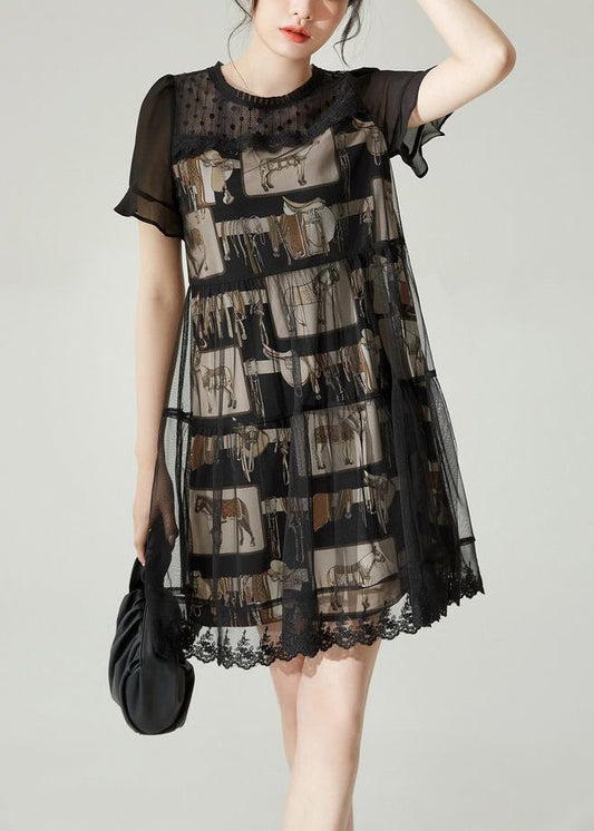 Boho Schwarz O-Ausschnitt Patchwork Tüll Midikleid Sommer