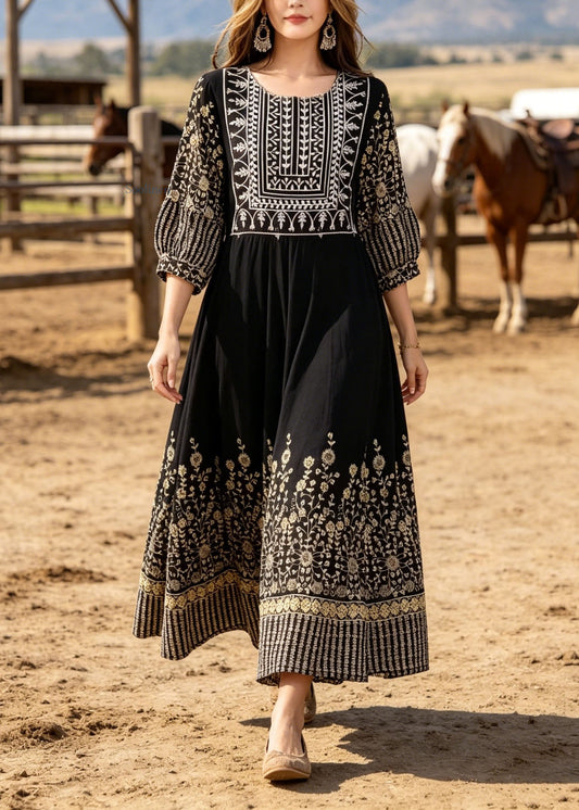 Boho Black O Neck Print Cotton Long Dresses Summer