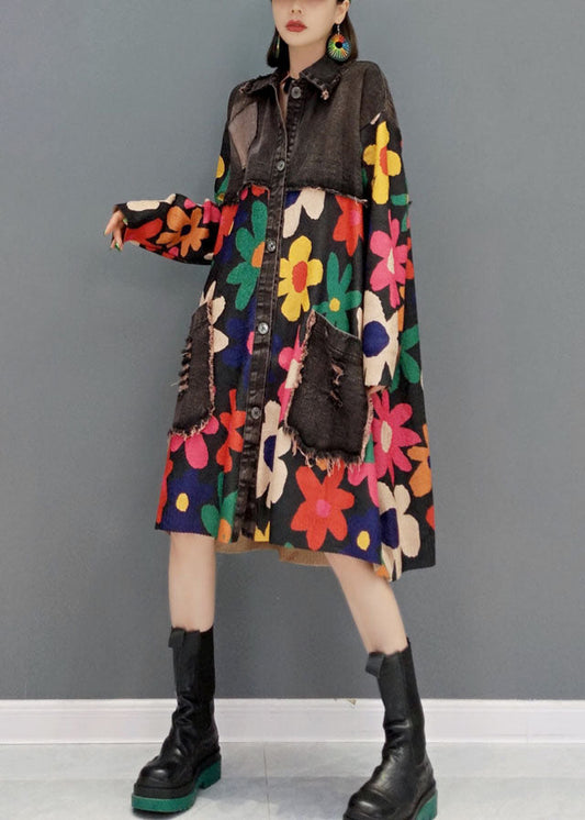 Boho Schwarz Oversize Patchwork Print Baumwolle Denim Kleid Frühling
