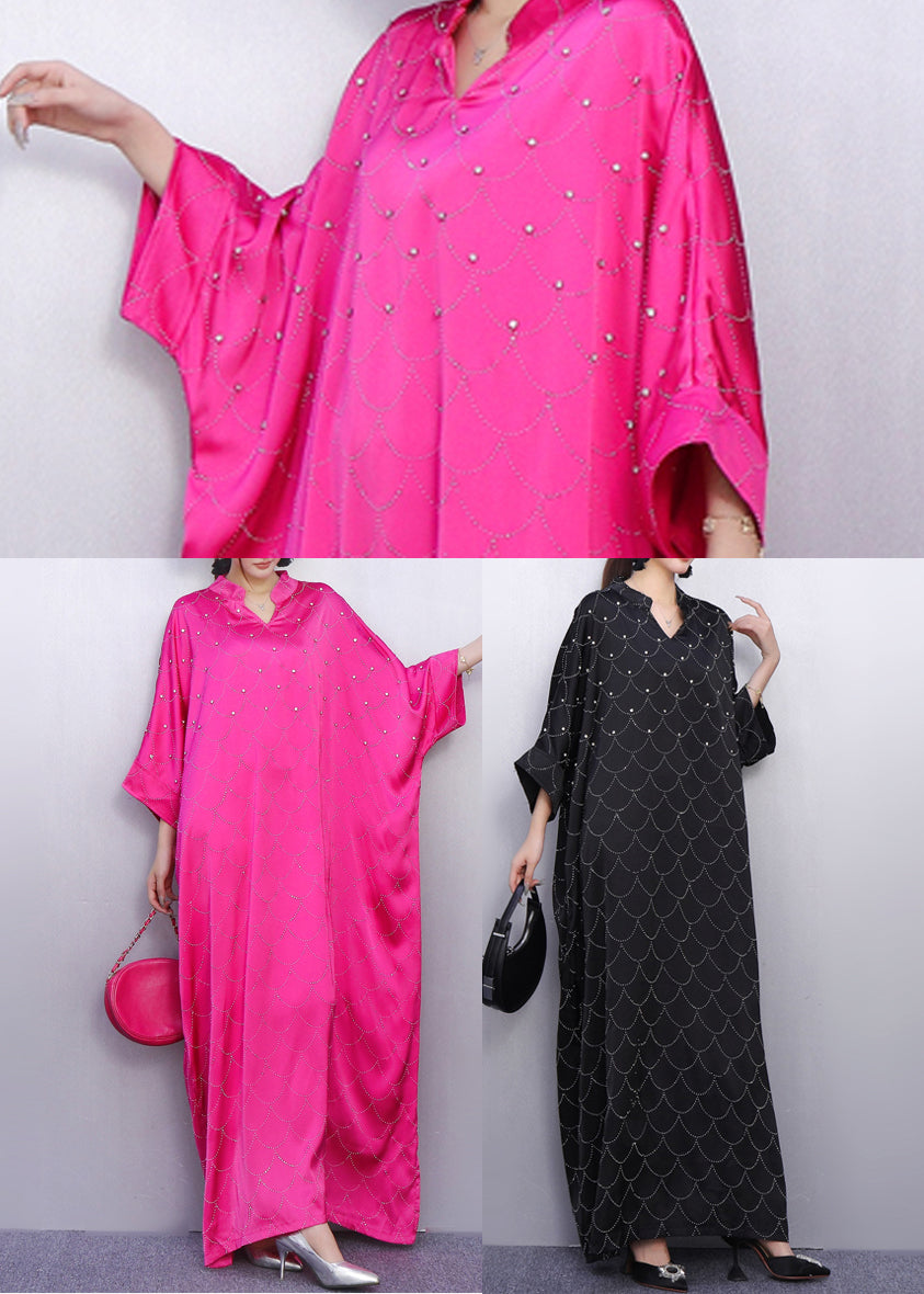 Boho Schwarze Oversize-Maxikleider aus Seide mit Strasssteinen für den Sommer