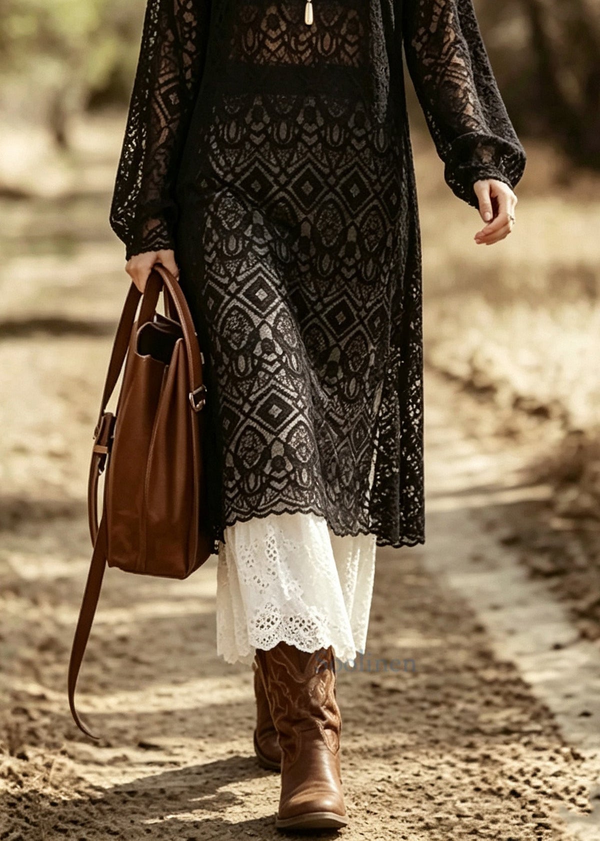 Boho Black Oversized Side Open Lace Two Piece Set Fall